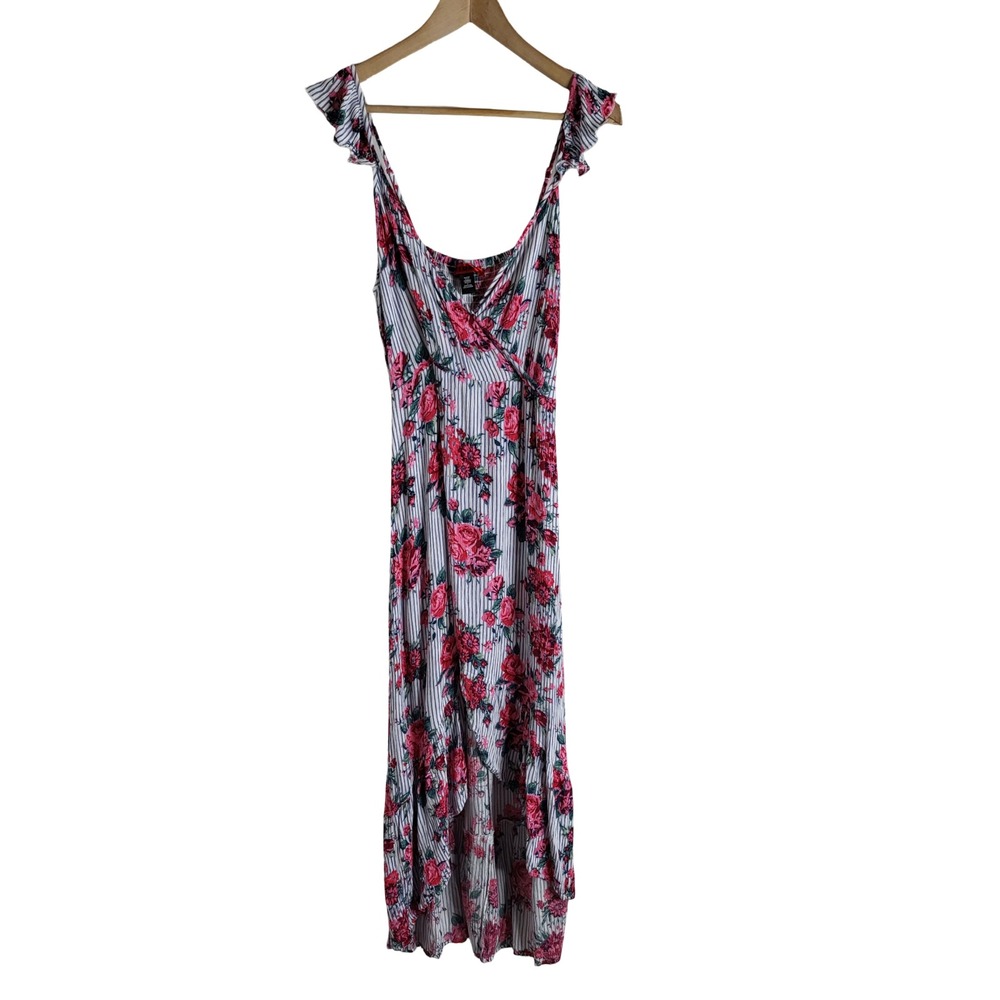 Hot Kiss Floral Stripe Ruffle Maxi Dress Pink Blue White XL Bohemian Garden